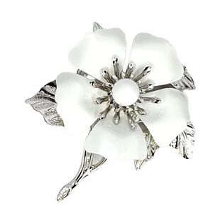 Vintage Sarah Coventry Floral Flower Brooch White Silver 2.5" X 2.75"